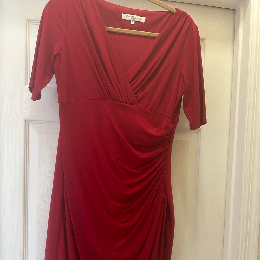 Evan Picone Red Ruched V-Neck Cocktail Dress